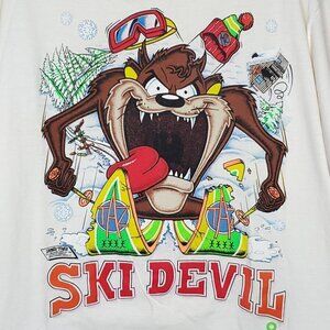 Vintage 80s Taz Ski Devil T Shirt XL Tazmanian Puffy Paint Snow Snowboard